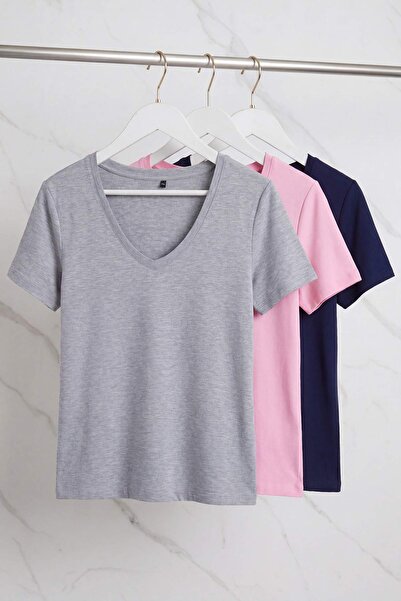 Trendyol Curve Μπλουζάκι σε μπλε-ροζ-γκρι αποχρώσεις, 3 τεμάχια, κανονική εφα...