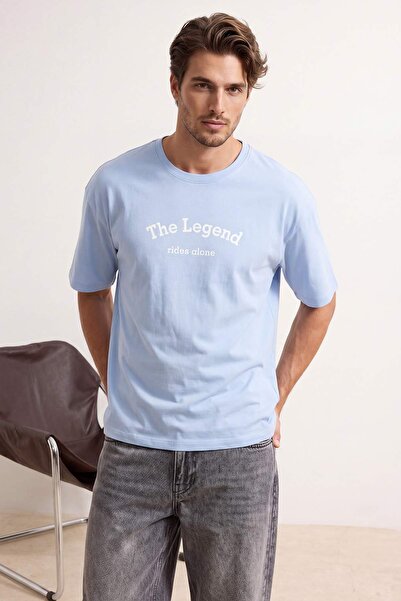Συλλογή Trendyol Μπλε oversized / Μπλουζάκι με φαρδιά γραμμή Slogan με τύπωμα...