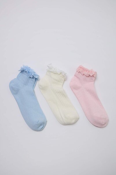Συλλογή Trendyol Ροζ-Μπλε-Εκρού 3-τεμαχιακές πλεκτές κάλτσες ζακάρ με λεπτομέ...
