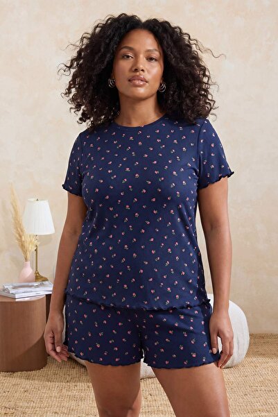 Trendyol Curve Σετ πιτζάμες σε μεγάλο μέγεθος, πλεκτό με κουκκίδες σε μπλε να...