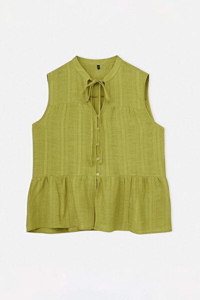 Trendyol Curve Μπλούζα Oil Green Λινό look Υφαντό Plus Size TBBSS26AF00129