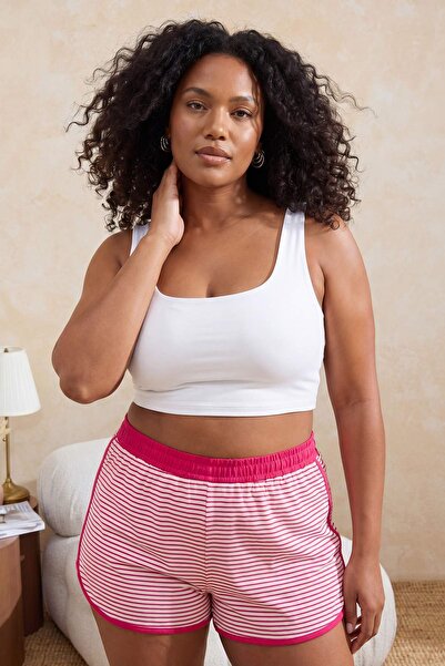 Trendyol Curve Ροζ Ριγέ Πιτζάμες με κορδόνια πλέξη ριμπ Plus Size TBBSS26IA00015