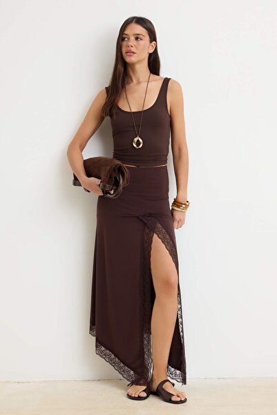 Συλλογή Trendyol Καφέ Skater Δαντέλα Λεπτομερής Πλεκτή Φούστα Μάξι Κανονικής ...