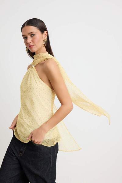 Συλλογή Trendyol Κίτρινο-Πολύχρωμο Πουά Αμάνικο Γιακά Halter Αμάνικο Γυαλιστε...