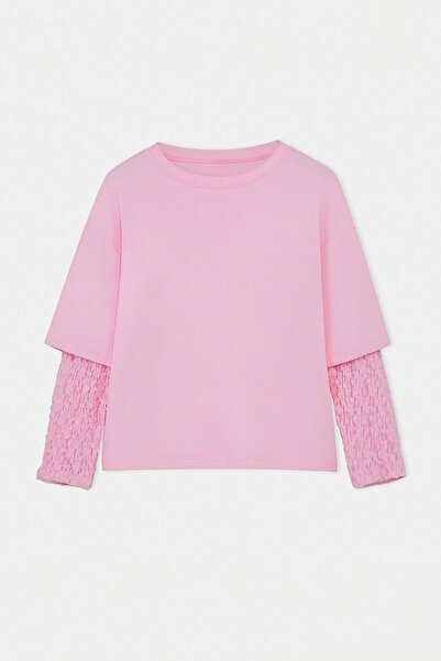 Trendyol Curve Ανοιχτό ροζ μπλουζάκι με δαντελένια λεπτομέρεια στα μανίκια, μ...