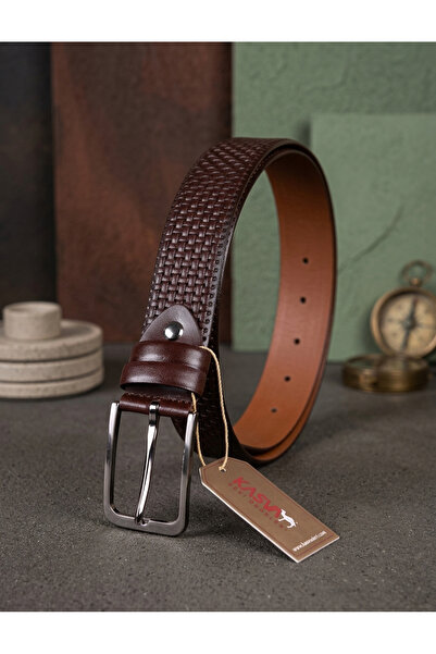 KASVA DERİ Dark Brown Knitted Patterned 100% Leather Belt 3.5 cm