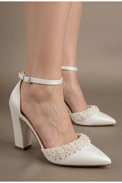 ŞAH Παπούτσια νυφικού φορέματος με πέρλες και χοντρό τακούνι 9 εκ. για νυφικό...