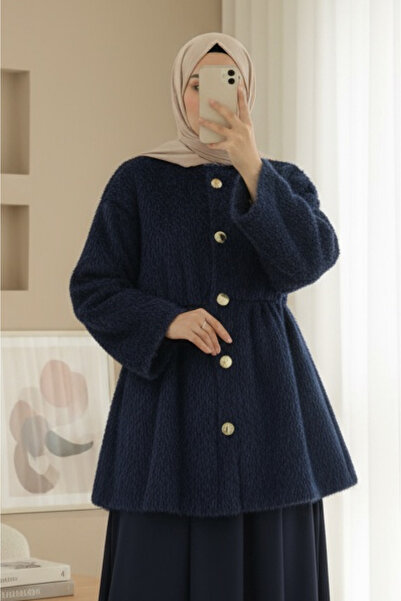 Modamorfo Γούνινο μπουφάν με επένδυση και κορδόνι στη μέση - μπλε ναυτικό