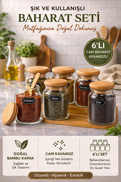 Karçiçeği Home 6’lı Premium Cam Baharatlık Seti Bambu Kapaklı Kaşıklı – Vakumlu Mutfak Organizer Çeyizlik Set