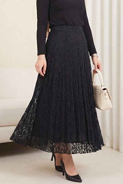 Modamorfo Patterned Lined Guipure Lace Skirt - Black