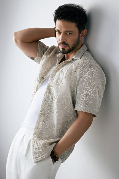 Avva Men's Stone Apaj Collar Embroidered Linen Blend Short Sleeve Comfort Fit...