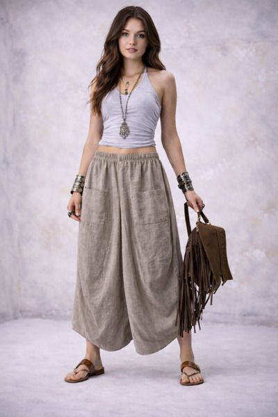 Bohem Stil Ιταλικό λινό παντελόνι Shalwar τσέπης Cmn00154