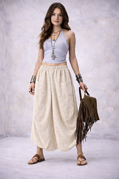 Bohem Stil Ιταλικό λινό φαρδύ παντελόνι με τσέπες (μέγεθος 36-48)