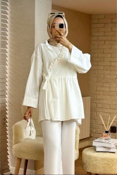 Modamorfo Λινό κιμονό με βολάν στο γιακά και δέσιμο στο πλάι - εκρού