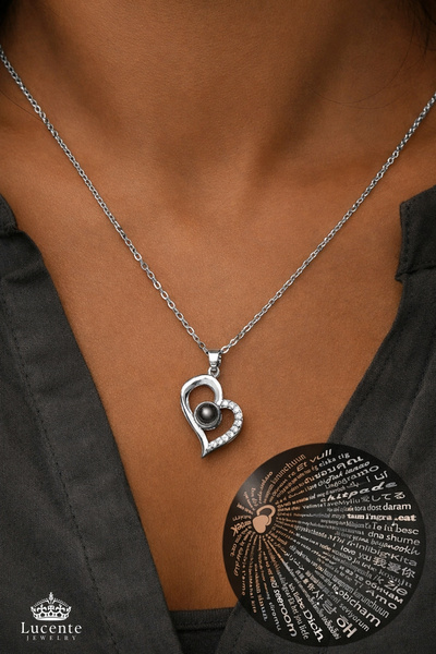 Lucente Jewellery 925 Ayar Kalbin Işığı Özel Model 100 Dilde Seni Seviyorum Yazan Kalpli Kararma Karşıtı Rodyum Güçlendirmeli Gümüş Özel Gün Hediyesi Projeksiyon 45 Cm Zincir Sonsuz Aşk Simgesi Küpe Hediyeli Kalp Kolye