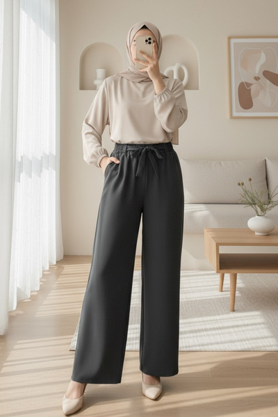 Modamorfo Παντελόνι με διπλό ύφασμα, ζώνη στη μέση και φαρδιά μπατζάκια - καπ...