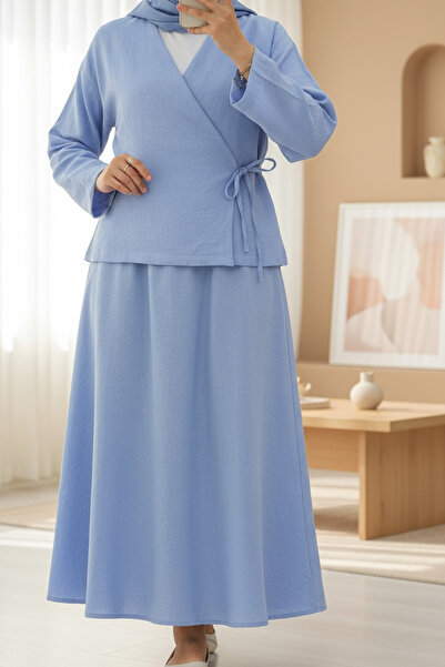 Modamorfo Λινό Σετ με Φούστα με Πλαϊνές Δεσίματα - Μπλε Μωρού