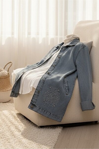 Modamorfo Дънково яке с двоен джоб и каменни детайли отпред