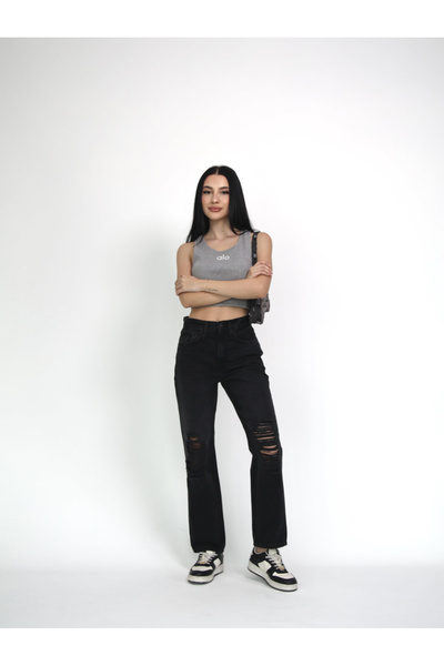 BPF Yüksek Bel Mom Kalıp Yıpratmalı Denim Jean
