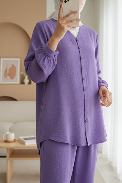 Modamorfo Σετ Ayrobin με παντελόνι με κουμπιά V λαιμόκοψη - μωβ