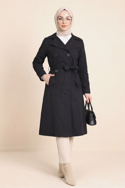 Modamorfo Καμπαρντίνα με διπλό μανίκι με κουμπιά και ζώνη - μαύρο