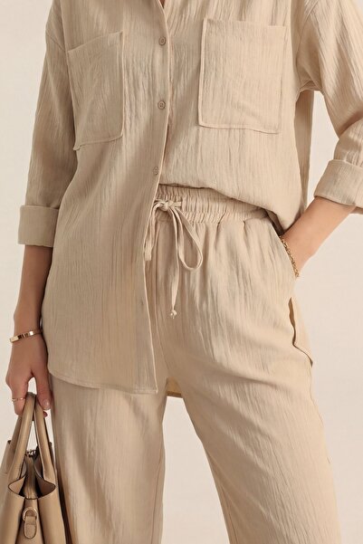 Modamorfo Σετ λινό διπλό με τσέπες με κορδόνια - μπεζ