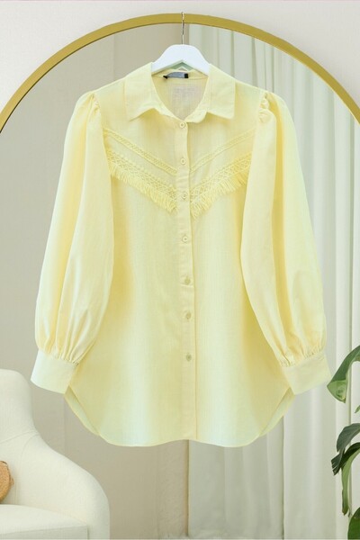 Modamorfo Πουκάμισο από ακατέργαστο λινό με μανίκια μπαλόνι και φούντες γκιπο...