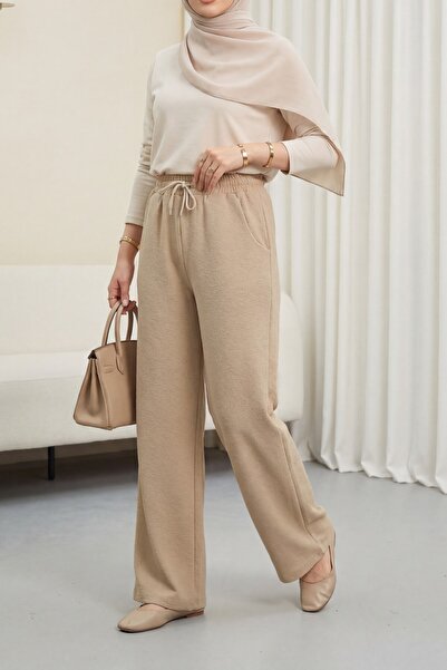 Modamorfo Παντελόνι Zra Crepe με τσέπες και κορδόνια στη μέση - ανοιχτό βιζόν