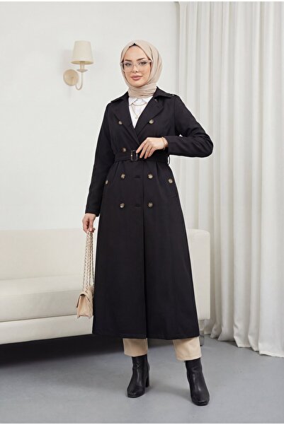 Modamorfo Διπλό κουμπωτό παλτό με ζώνη - μαύρο