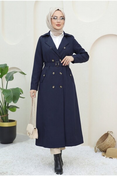 Modamorfo Διπλό κουμπωτό παλτό με ζώνη - ναυτικό