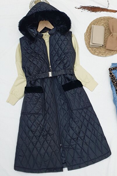 Modamorfo Καπιτονέ γιλέκο με κουκούλα και ζώνη - μαύρο