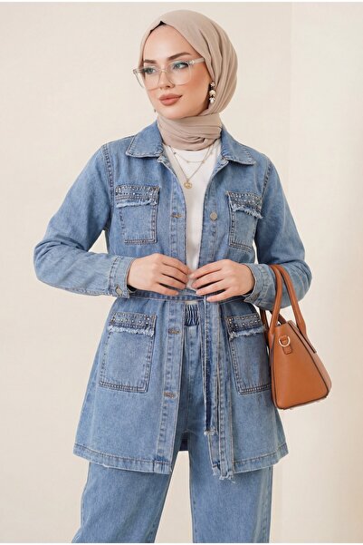 Modamorfo Σετ Τζιν Παντελόνι και Μπουφάν με Πέτρινη Λεπτομέρεια - Μπλε του Πάγου