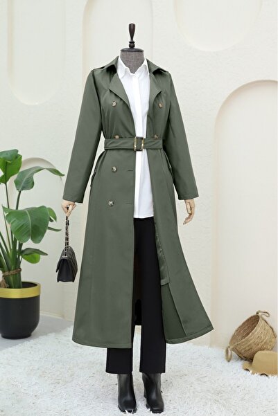 Modamorfo Διπλόκουμπη καμπαρντίνα με ζώνη -χακί