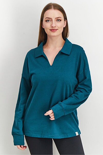 Tchibo Women Spread Collar Plain Loungewear Sweatshirt, Dark Green