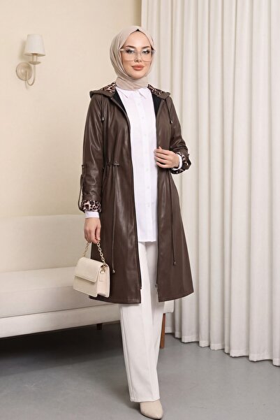 Modamorfo Δερμάτινο καπάκι με κουκούλα με διπλό μανίκι και κορδόνι στη μέση -...