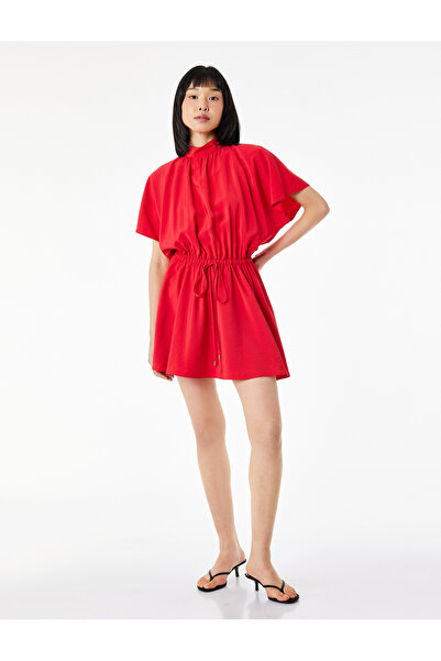 Koton Salda Fabric Tie-Waist Stand Collar Batwing Sleeve Mini Dress