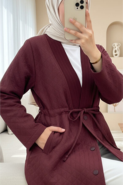 Modamorfo Καπάκι με λαιμόκοψη V, δετό στη μέση, με τσέπες και κουμπιά -μπορντό