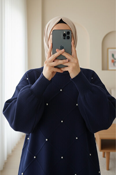 Modamorfo Πλεκτό τουνίκ με τετράγωνο σχέδιο και πέτρινη λεπτομέρεια - μπλε να...