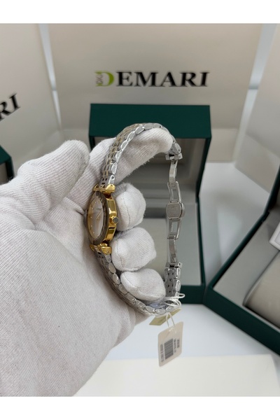 DEMARİ Women's Wristwatch Quartz Steel Gold & Silver Cord Stone Detailed Silver Dial Polygon Case Dm-00103L-D1