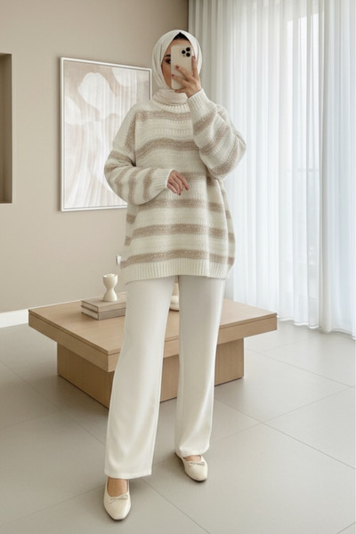 Modamorfo Πλεκτό πουλόβερ με χοντρή γραμμή και σχέδια - λευκό