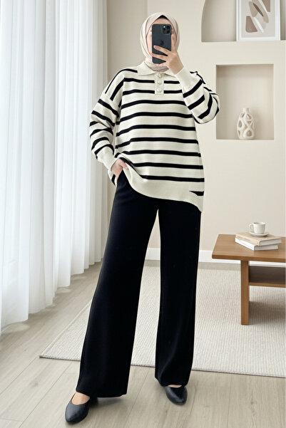 Modamorfo Σετ πλεκτών με γιακά πόλο και κουμπιά, ριγέ - μαύρο