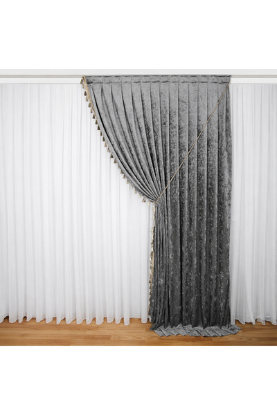 MebelPort Curtain Κουρτίνα σενίλ Φόντο ΔΙΠΛΟ ΦΟΥΝΤΟ με φούντες στην άκρη (δεξ...