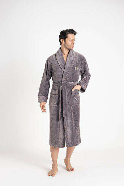 Nuşa Men Embroidered Niki Velvet Bambo Cotton Men's Dressing Gown