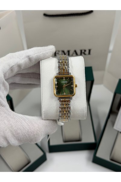 DEMARİ Women's Wristwatch Quartz Movement – Gold & Silver Strap Green Dial Stone Detail Dm-00113L-D10