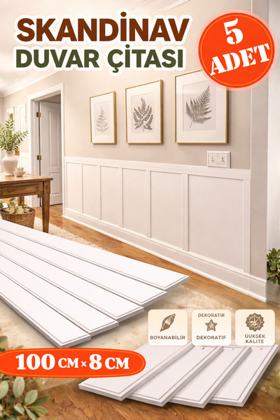 MİMES Iskandinav Duvar Çıtası 5 Adet 100 Cm x 8 Cm Dekoratif Duvar Çıtası Boy...