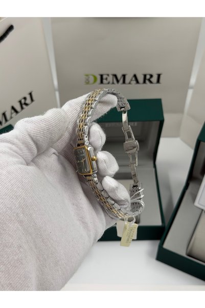 DEMARİ Women's Wristwatch Quartz Movement – Gold & Silver Strap Green Dial Stone Detail Dm-00113L-D10