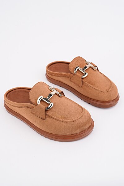 MUGGO CARLEEN Δερμάτινες σουέτ παντόφλες με χρυσή αγκράφα, καθημερινές άνετες...