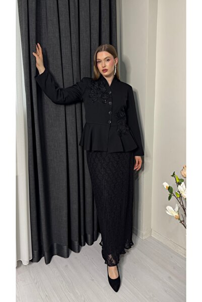 Imported Crepe & Lace Fabric Stonework Rose Pattern Back Ribbon Detail Custom Design Skirt Jacket Set