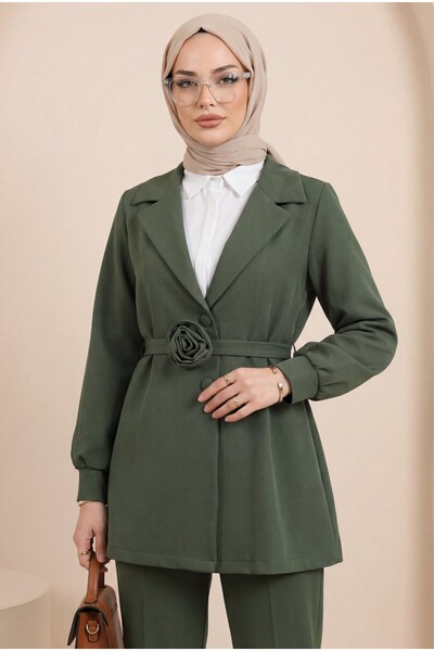 Modamorfo Ζώνη Τριαντάφυλλο Λεπτομερές Σετ Παντελόνι Παλτό με Διπλό Πέτο - Χακί