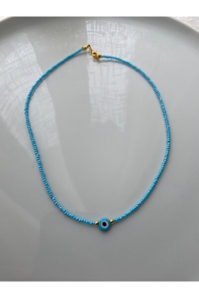 Anetta Jewelry Kadın mavi nazar boncuklu turkuaz boncuk altın kaplama kolye (...